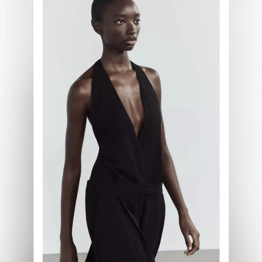 ZARA LONG OPEN BACK JUMPSUIT Black Cotton/Linen Blend XL NWT